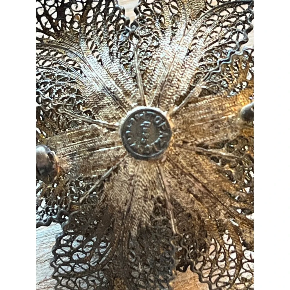 Topazio Silver 925 Filigree Flower Brooch Layered Floral Pin Vintage Jewelry